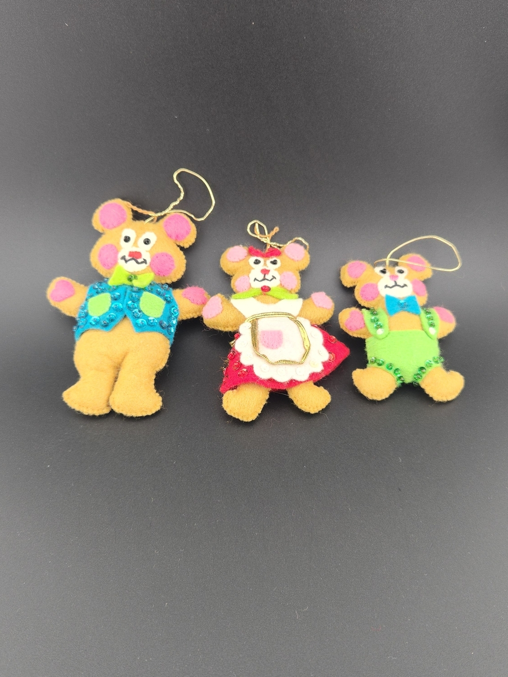 Felt Bear Christmas Holiday Ornament Trio